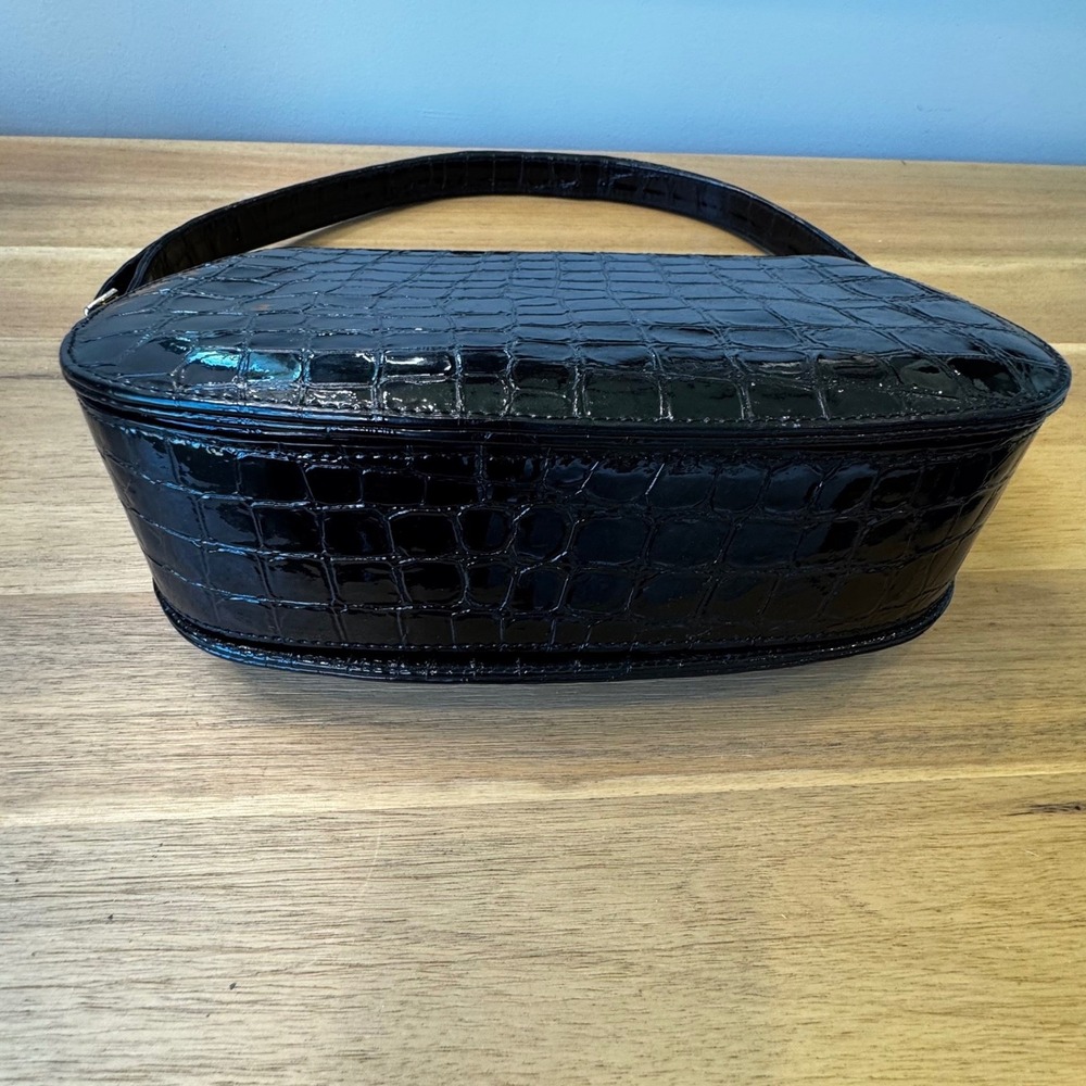 Ashneil Vintage Black Croc Embossed Patent Leather Crossbody Bag Gold Heart Lock - Picture 5 of 16